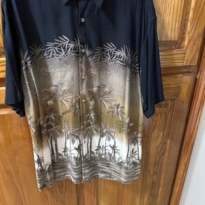 Pierre Cardin Black and Brown Palm Tree Men's Shirt Size L